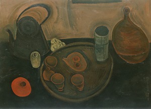 薬罐と茶道具のある静物