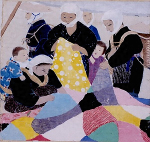 絵画　日本画「反物をみる農婦たち」　真嶋元枝