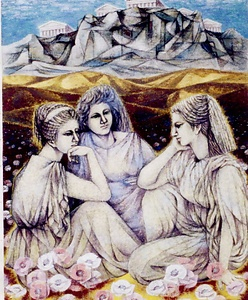 絵画　日本画　「芥子の花咲く丘」　真嶋元枝