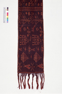 舟、家屋、人物文経絣肩掛