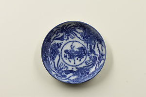 印判染付小皿　鳳凰と麒麟文