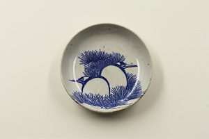 印判染付小皿　鶴と松文