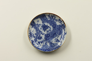 印判染付小皿　人物・月下風景・花に鳥文