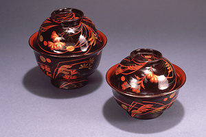 秋草文漆絵四ッ椀