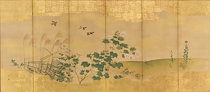 草花小禽図屏風