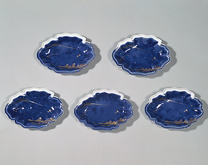 瑠璃釉金銀彩 山水文 変形皿