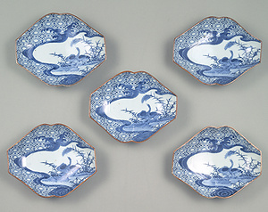 染付 葦雁文 変形皿