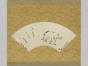 扇面「門畠やあつらへむきの小夕立　家も一茶」