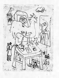 瑛九・銅版画　「SCALE IV」より 123.朝日とニワトリ