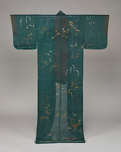 単衣 濃萌葱絹縮地草花模様