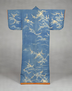 小袖 縹縮緬地岩波梅模様