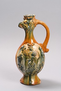 三彩把手付鶏頭壺