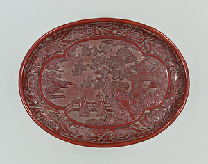 楼閣人物堆朱楕円盆