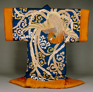 夜着 紺綸子地鳳凰唐草模様