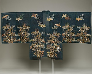 長絹 深緑地秋草尾長鳥模様