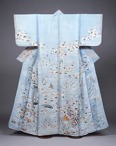 単衣 浅葱絽地春景模様