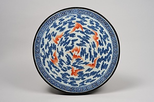 青花紅彩雲蝠文花盆台