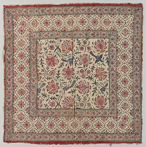 敷物 白地花鳥額型文様更紗