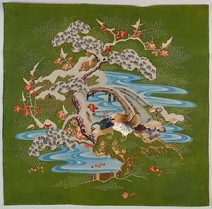 袱紗 鶸色縮緬地松梅鴛鴦模様