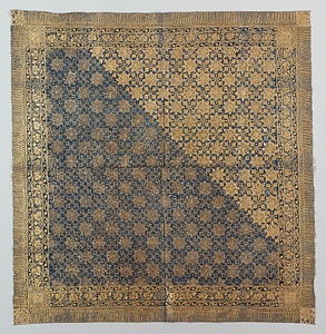 カイン・カパラ（頭巾） 藍地格子花文様印金バティック