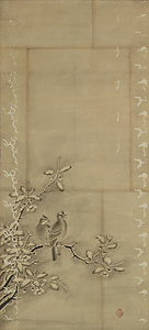 元信／茶ニ白頭翁　布袋　雪中竹ニ雀