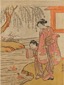 鴛鴦を見る美人