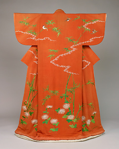 小袖 紅縮緬地竹雀菊模様