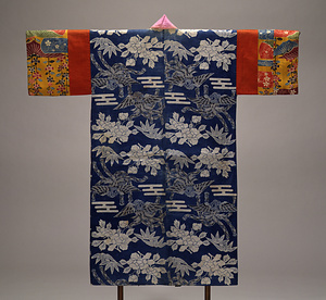 藍型衣装 浅葱麻地牡丹鳳凰模様