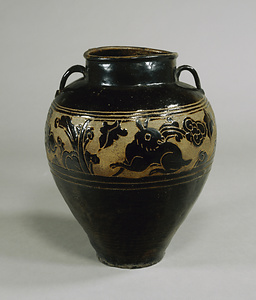 黒釉兎唐草文双耳大壺
