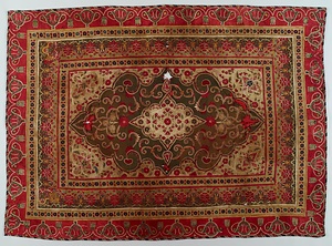 赤茶緑黄白羅紗地切嵌花文様刺繡カシミヤ