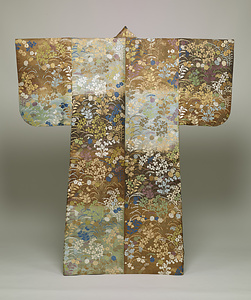 唐織 濃茶茶浅葱段秋草模様