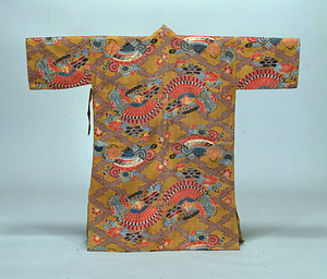 ドゥジン（胴衣） 黄木綿地松皮菱繋菊椿檜扇団扇模様