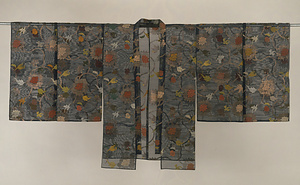 長絹 紺地牡丹唐草蝶鳥模様紋紗