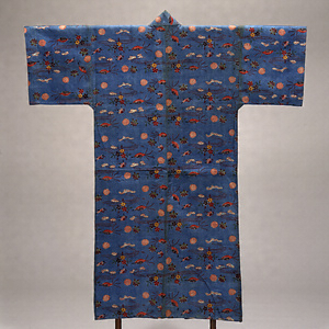 ドゥスディー（小袖） 浅葱木綿地流水花鳥貝模様