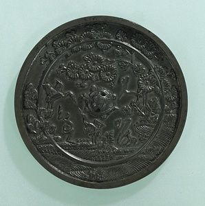 菊花双鶴芦手絵鏡