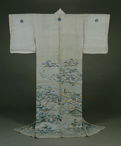 帷子 水浅葱麻地秋草風景模様（三つ葉葵紋付）