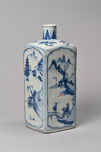 青花山水人物図方瓶