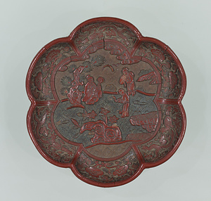 人物彫彩漆六花盆