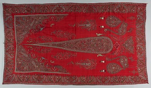 赤地ペイズリー立木孔雀人物文様カシミヤ