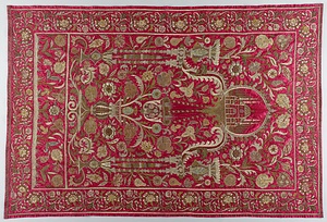 壁掛 赤紫地タージ・マハール花卉文様刺繡