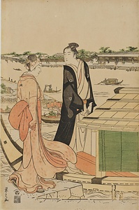 大川端屋根船に乗る男女