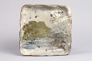 楽焼山水図角皿