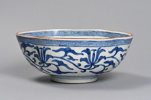 染付山水図木瓜形鉢