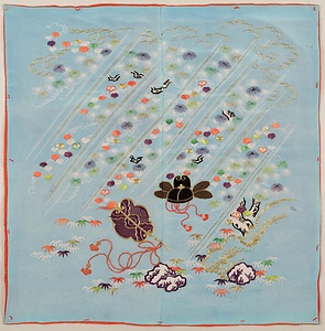 袱紗 浅葱縮緬地雨松蔦唐冠唐扇模様