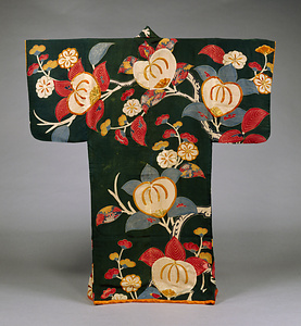 夜着 萌黄縮緬地梅橘模様