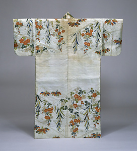 縫箔 浅葱地五枚笹柳桜模様