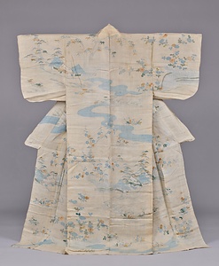 帷子 白茶麻地水辺風景模様