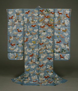 帷子 浅葱麻地桐立木君が代和歌文字模様