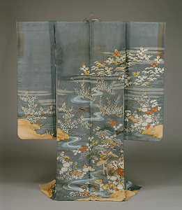 単衣 鼠絽地笠杖砧風景模様