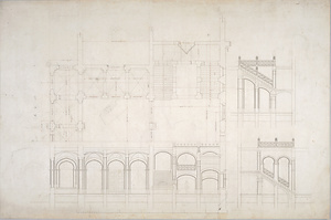 [上野博物館 玄関ホール、中央階段室詳細(平面、展開)